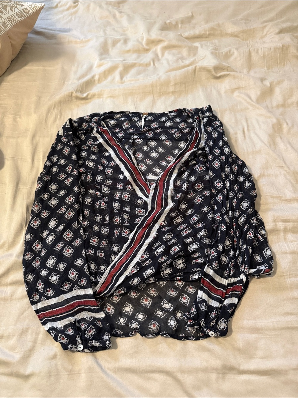 Free People Black Printed Long Sleeve Wrap Top with Red and White Stripes